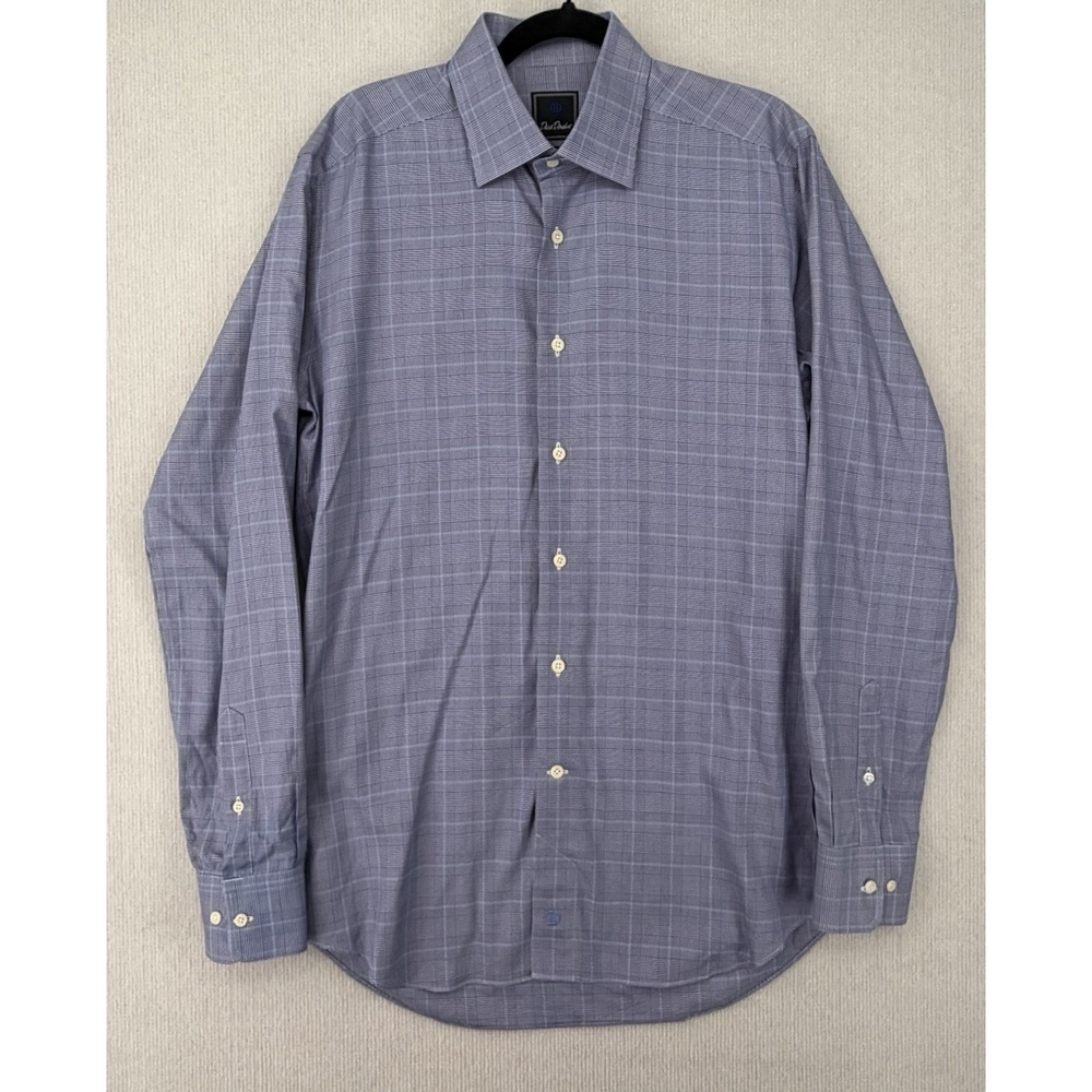 David Donahue Men 16 34/35 Trim Fit Blue Glen Plaid Cotton Dress Shirt 0487